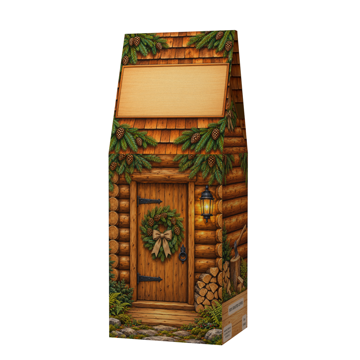 Log Cabin personalized coffee gift box, front angled view